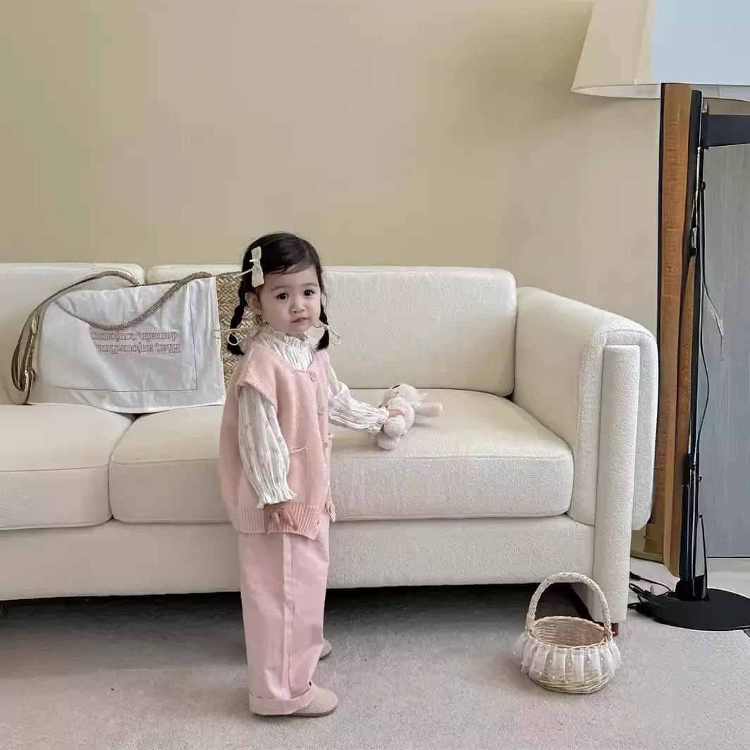 清仓不退不换【理性下单】女童碎花衬衫+针织马甲+粉色休闲裤子