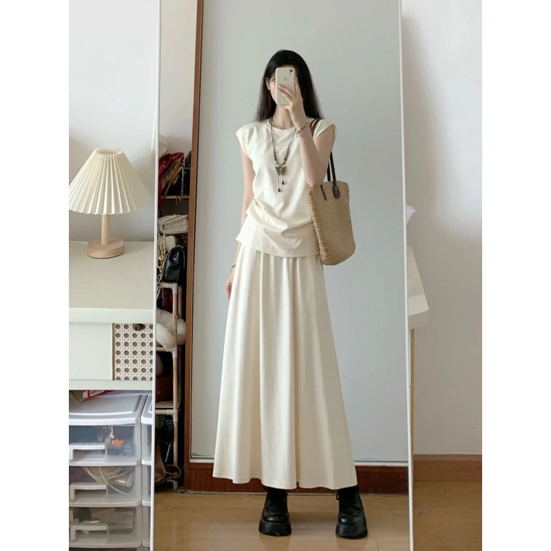 女性用フレンチソルトスタイルスーツスカート、夏服、ファッショナブルなノースリーブトップとハーフレングススカートの2点セット|undefined