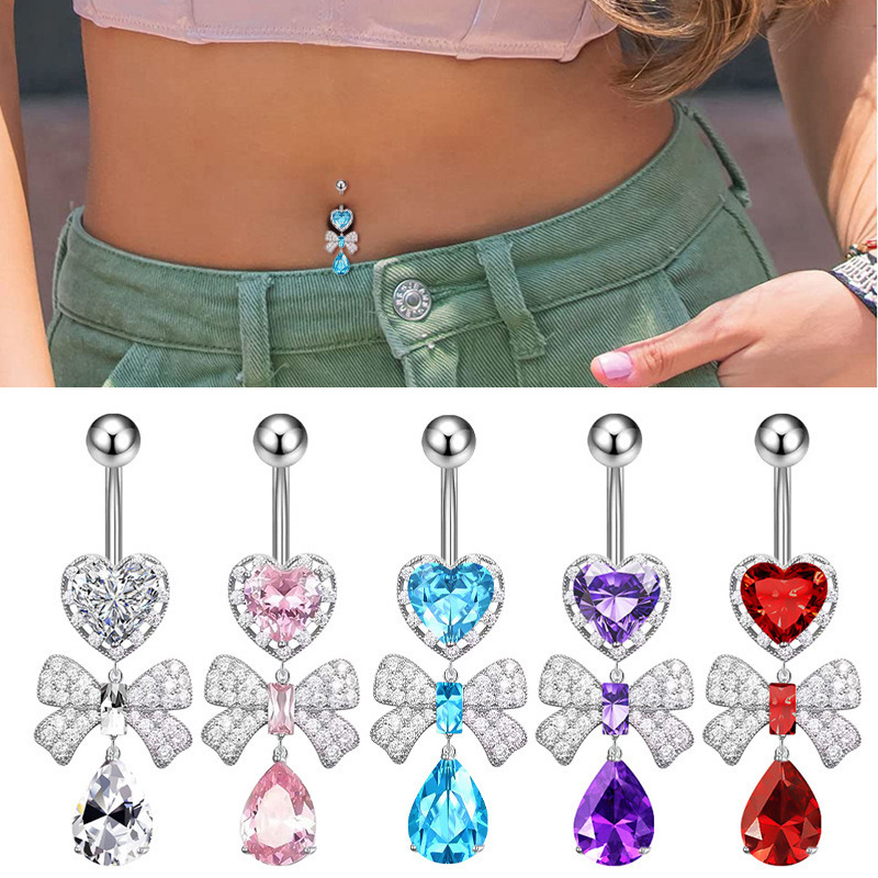Nouveau piercing nombril sexy en acier inoxydable avec nœud papillon et zircon en forme de cœur_voghion.com