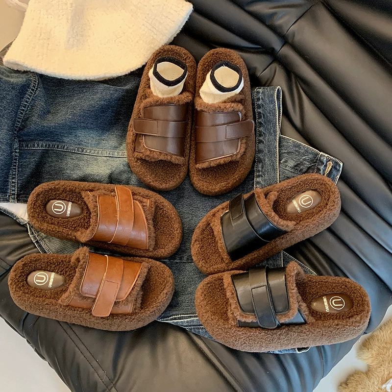Ins Корейская версия шерстяных шлепанцев женская осенью и зимой 2024 новые теплые ноги с толстой подошной овечьей шерстью Baken