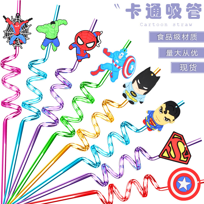Spider-Man PVC flexible pegamento decoración paja para niños pequeño regalo al por mayor Paja en forma de Héroe de dibujos animados transfronterizos de Marvel