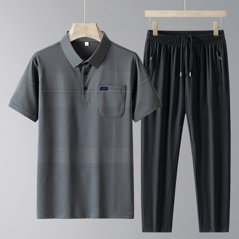 Traje de seda de hielo de verano para papá, camisa de polo de manga corta para hombres de mediana edad y ancianos, pantalones de secado rápido, traje casual de dos piezas de verano de mediana edad para hombres