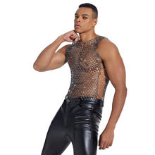 跨境欧美时尚男装水钻网格透视T恤宴会派对演出闪钻上衣厂家定制