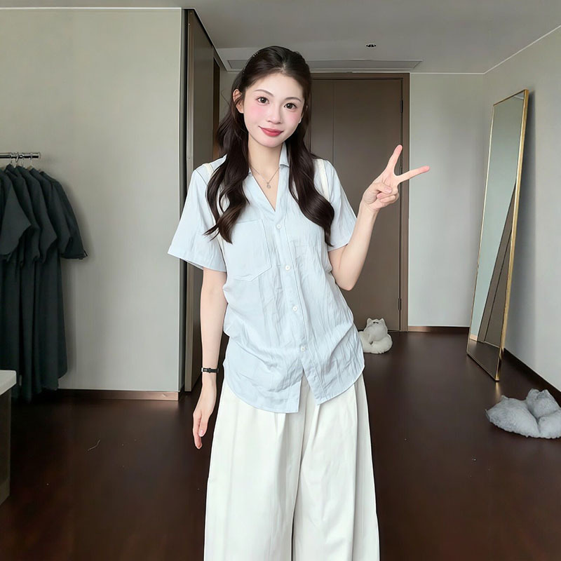 Korean-Style Lazy Chic 2026 Polo Collar Pleated Waist-Cinching Short-Sleeve Summer Women's Thin Waist-Accentuating Elegant and Stylish Top Korean-Style Lazy Chic 2026 Polo Collar Pleated Waist-Cinching Short-Sleeve Summer Women's Thin Waist-Accentuating Elegant and Stylish Top