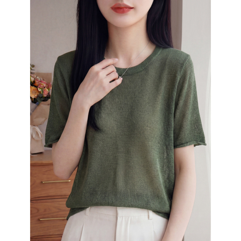 Spring summer knitted sweater with a round collar