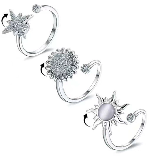 Rotating adjustable windmill ring, light‑luxury fashion ring, silver tone, adjustable opening