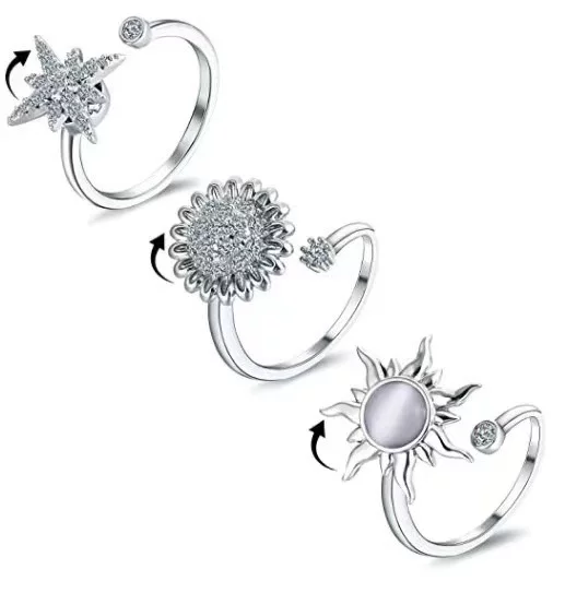 Rotating adjustable windmill ring, light‑luxury fashion ring, silver tone, adjustable opening