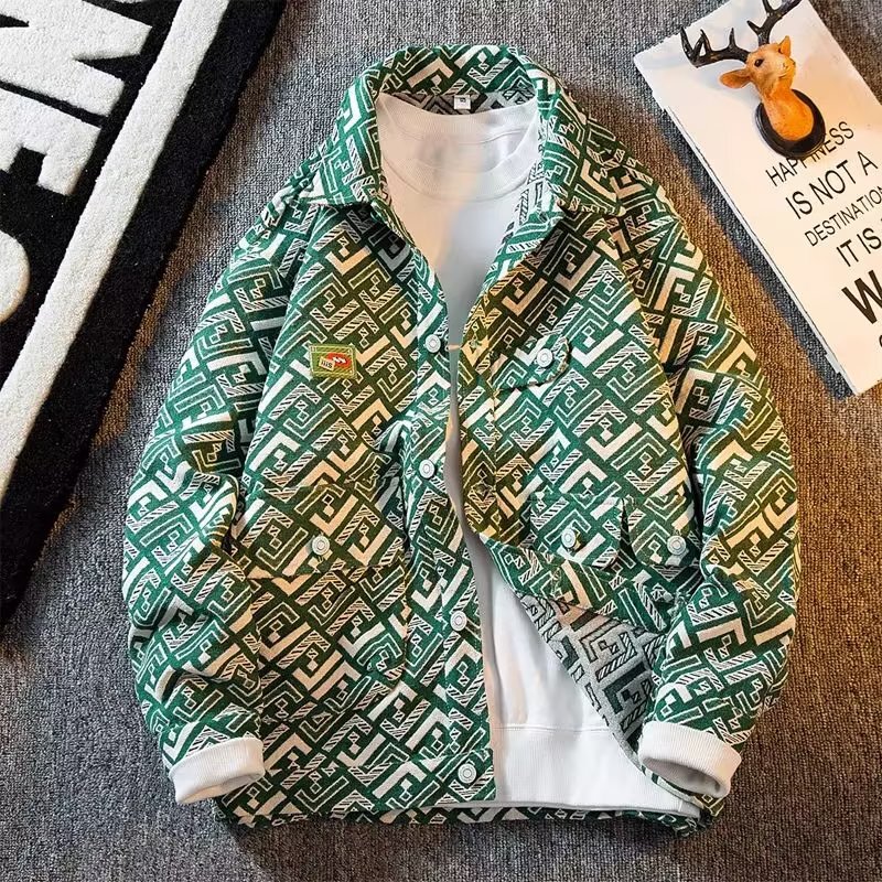 Design jacquard Denim coat men's high street ins vintage workwear jacket spring and autumn fashion brand loose casual top