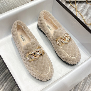 Women's Furry Shoes New Autumn and Winter 2025 Lamb Wool Thick-Soled Large Size Women's Shoes Flats-Soled Fleece-Lined Cotton Scoop Shoes Beanie Shoes