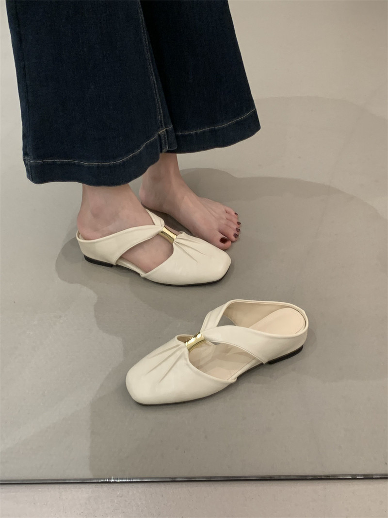 Women's Pleated Sheepskin Slippers With Hidden Wedge For Summer_voghion.com