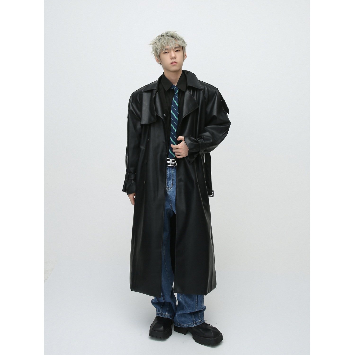 Mtlclothes ropa de Hombre | 2023 otoño e invierno nuevo vintage costura deconstrucción diseño largo trench coat cuero para hombres