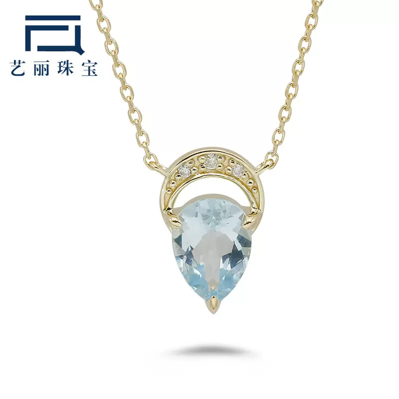 艺丽K金天然海蓝宝项链女10k黄金水滴皇冠轻奢精致百搭锁骨链礼物
