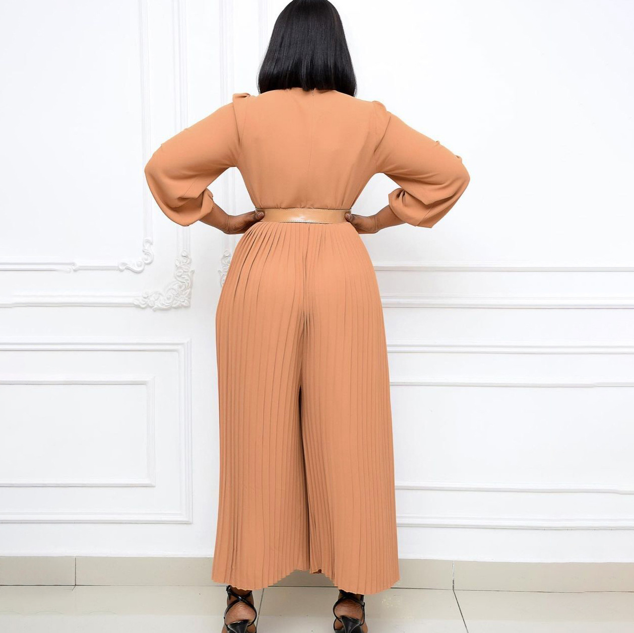 Women's Clothing summer new solid color long sleeve pleated large size women's loose slim African jumpsuit_voghion.com