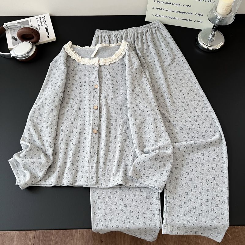Al por mayor transfronterizo de ternilla osos pijamas mujeres otoño invierno encaje cuello redondo nuevo cálido manga larga dulce abrigo de ropa para el hogar