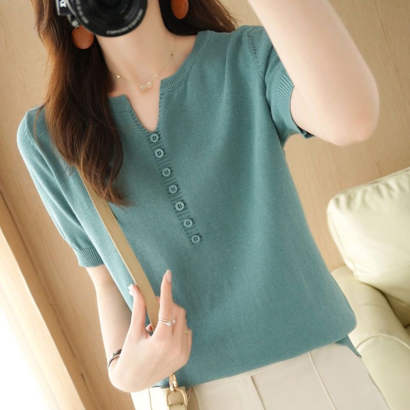 New Summer Cotton and Linen V Neck Half-Sleeved T-Shirt for Women Linen Loose Pure Color Short-Sleeved Buttoned Top Cotton Outer Wear