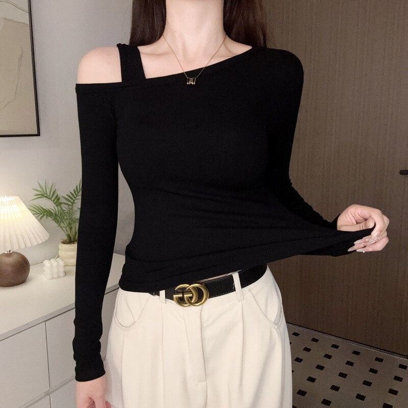 Off-Shoulder Slim-Fit Long-Sleeve T-Shirt for Women, Early Autumn Design with a Unique and Stylish Slanted Shoulder Top