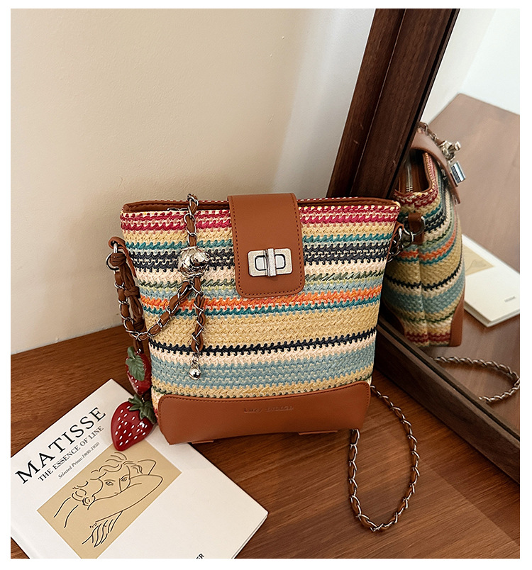 Seaside vacation beach rainbow woven bag for women 2025 Summer New style fashionable, simple, casual and high-quality single-shoulder bucket bag full figure