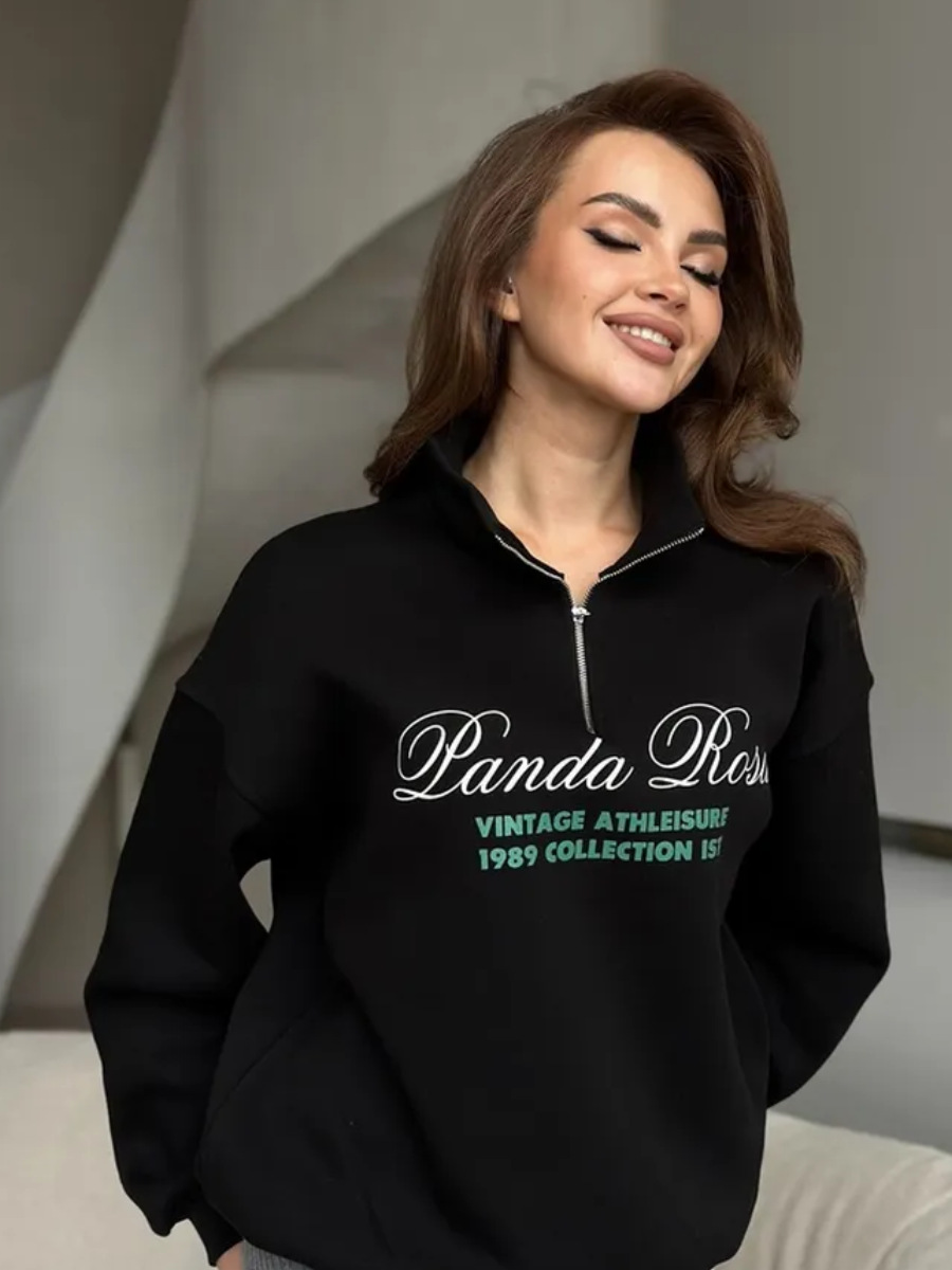 Felpa con cappuccio, mezza zip, calda, larga, foderata in pile, autunno-inverno, versatile, con stampa sul davanti_voghion.com