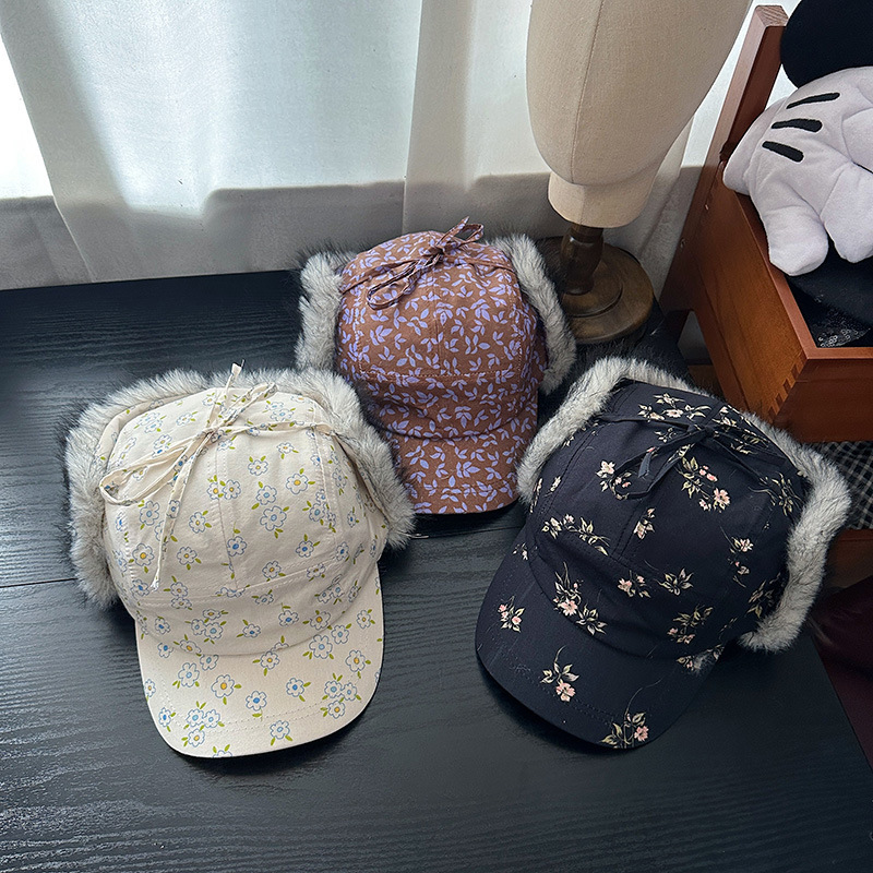 碎花毛茸茸护耳帽子女秋冬新款韩版韩国减龄森系显脸小棒球雷锋帽|undefined