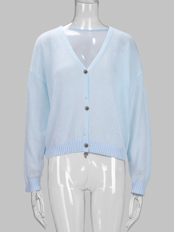 Áo cardigan dệt kim nữ cổ chữ V dáng rộng mỏng nhẹ — Màu xanh dương chi tiết 18