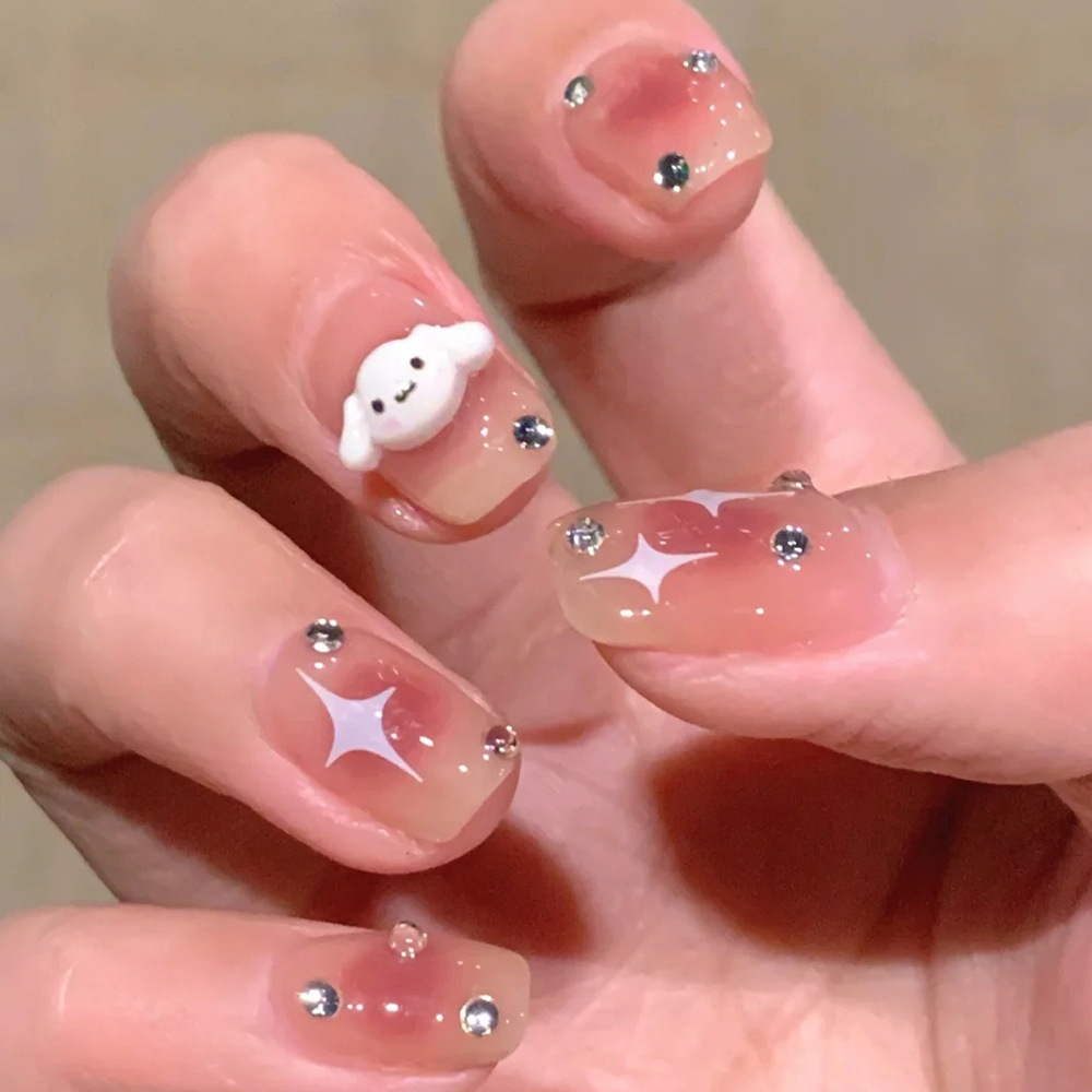 Polvo desnudo gradiente tridimensional de jade Gui perro manicure comercio exterior perforación encantadora viento usar uñas 24 piezas parches de uñas falsas