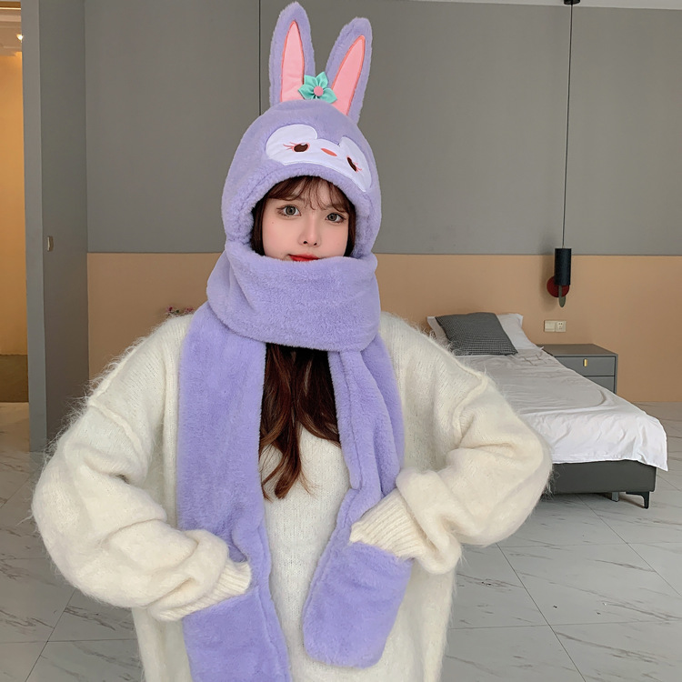 俏皮星露围巾帽手套三件套一体秋冬甜美童趣防风保暖紫色毛绒围脖