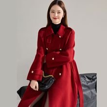 冬季英伦风新年红色双排金扣长款羊毛双面呢大衣毛呢外套15871