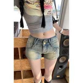 美式热辣短裤女款夏季性感辣妹小众复古铆钉包臀热裤低腰牛仔裤子