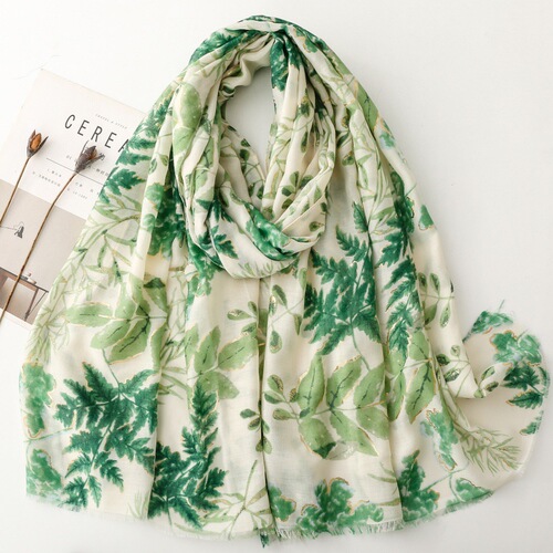 Cross-border foreign trade export level 4 cotton linen hand feel scarf with gold foil lush leaves print silk scarf women's shawl