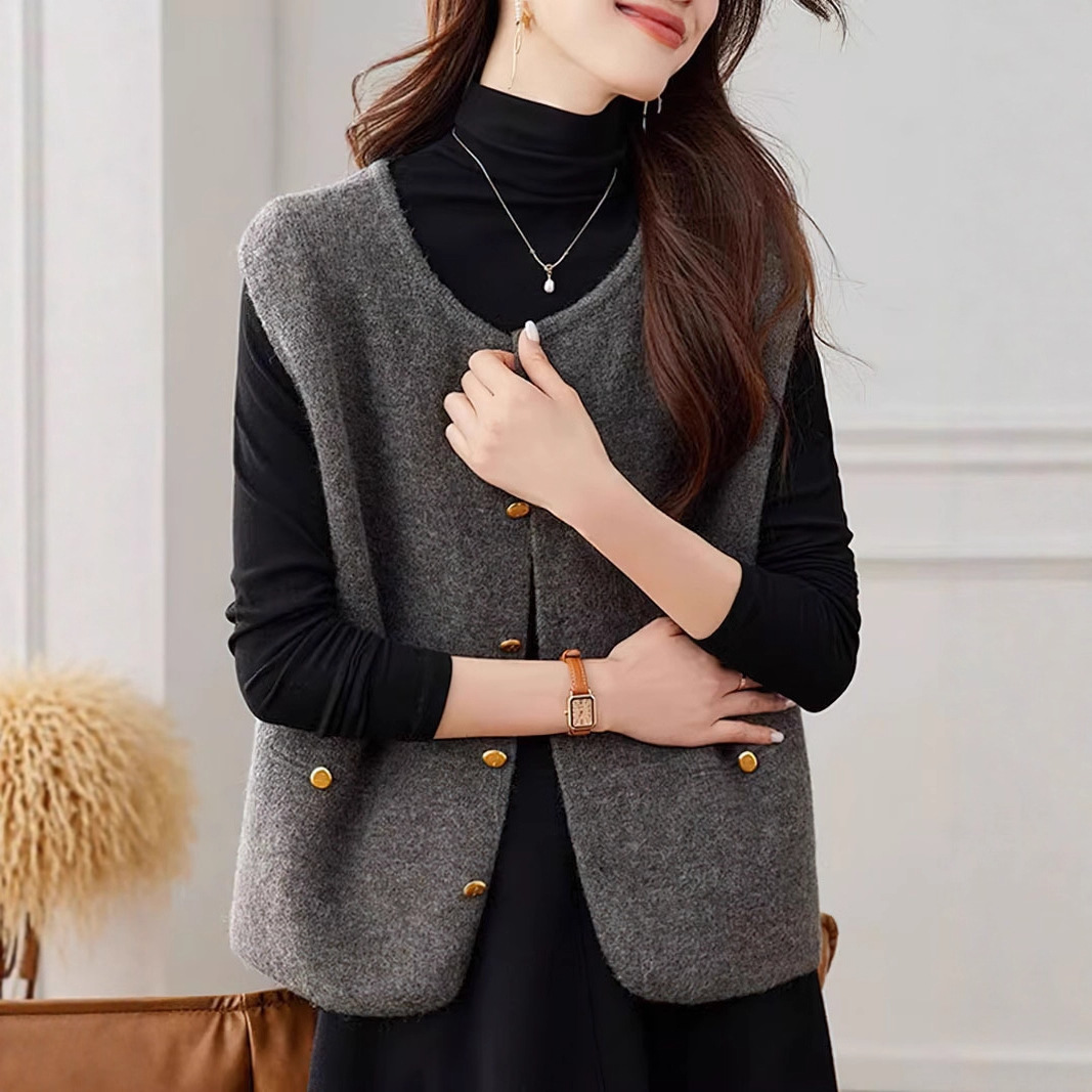 圆领无袖针织衫女2025冬季新款坎肩马甲上衣韩版时尚休闲毛衣马夹