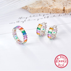 景旭S925純銀鑲嵌彩色鋯石耳扣戒指幾何型復古優雅高級感首飾套裝