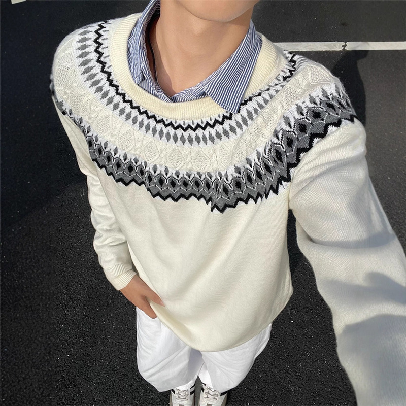 American Retro Fair Isle Boxy Sweater for Men, Autumn High-End Cable Knit Long-Sleeve T-Shirt, Heavy Weight, Regular Shoulder Base Shirt American Retro Fair Isle Boxy Sweater for Men, Autumn High-End Cable Knit Long-Sleeve T-Shirt, Heavy Weight, Regular Shoulder Base Shirt