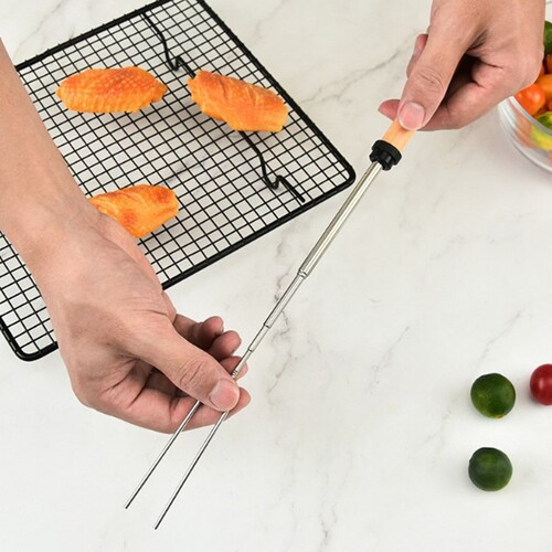 Outdoor Telescopic BBQ Fork Stainless Steel U-shaped Fork BBQ Tool Outdoor BBQ Set Wooden Handle BBQ Skewer