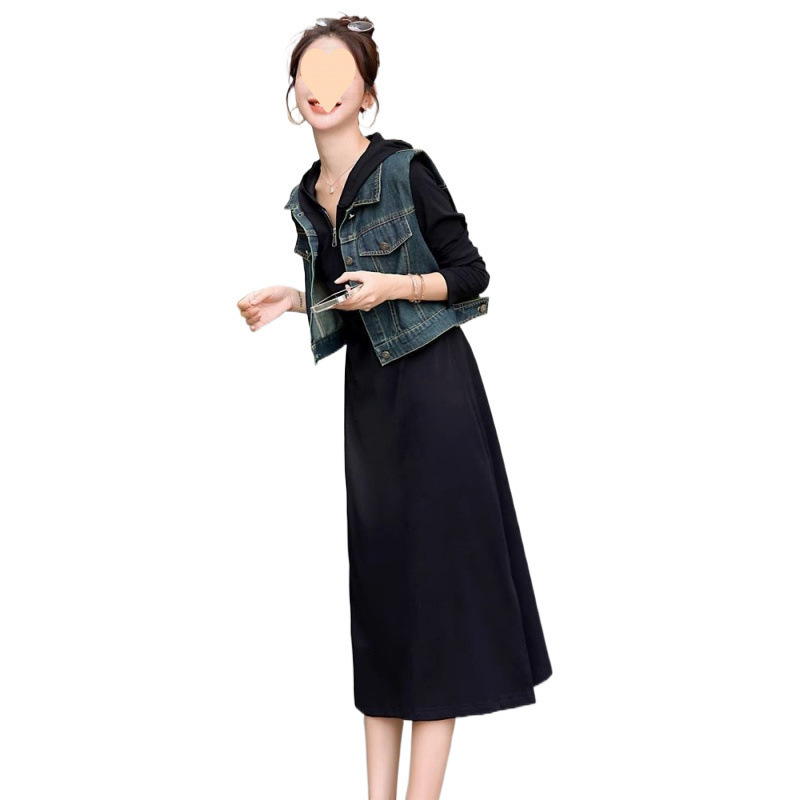牛仔马甲配黑色连帽连衣裙女2025秋季新款休闲洋气时尚长裙两件套|undefined