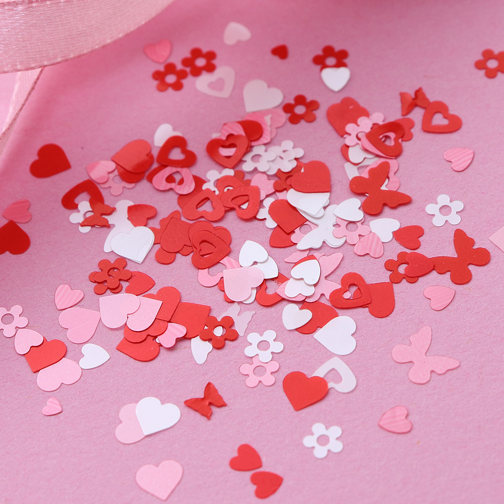 Día de San Valentín 12 cuadros en caja perlado amor accesorios de uñas rosa mariposa blanca flor uñas lentejuelas decoración de colores