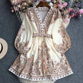 FD1980现货夏季新款女士印花连衣裙女波西米亚度假风休闲宽松长裙