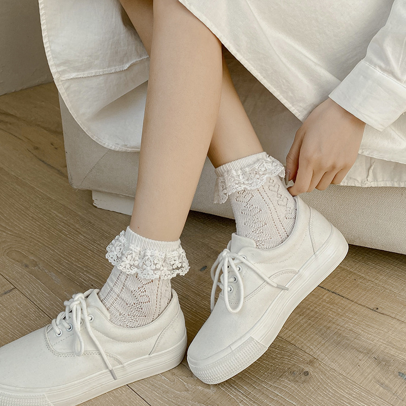 Socks for Women, Japanese Style Cute Lace Socks, Spring and Summer Thin Hollow-Out Long Socks, Lolita Floral Socks, Retro Breathable Long Socks