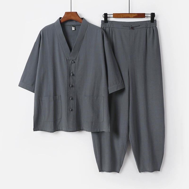 Летний комплект из льна Hanfu, свободный костюм из хлопка и льна с пуговицами, брюки с рукавом три четверти, костюм Тан для мужчин