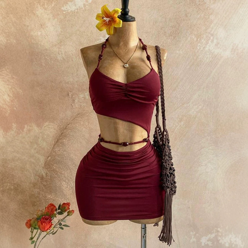 European and American cross-border summer vacation style tie-neck halter backless hollow-out vintage beaded party mini dress European and American cross-border summer vacation style tie-neck halter backless hollow-out vintage beaded party mini dress