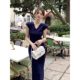French Style Women's Summer New Arrival Shoulder Sleeve Ice Silk Knitted dress V-Neck Slim-Fit Hip Long Dress Solid Color