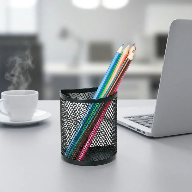 Portalápices de succión magnética semicircular de Amazon Portalápices de almacenamiento de malla de metal de papelería de escritorio de oficina al por mayor