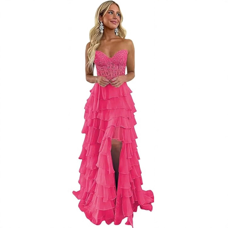 Lace Layered Corset Dress 2026 Women's Ball Gown Long Strapless Ruffled Chiffon Formal Evening Dress Lace Layered Corset Dress 2026 Women's Ball Gown Long Strapless Ruffled Chiffon Formal Evening Dress