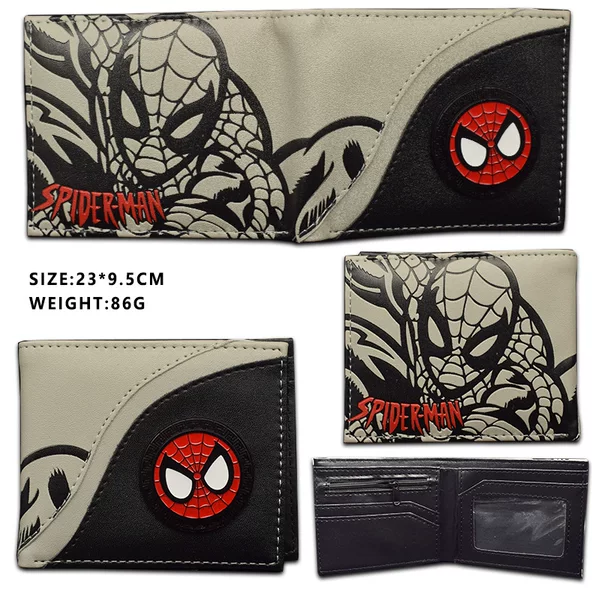New metal logo rotating coin purse, spider pattern metal patch student unisex leather wallet, hero wallet
