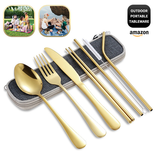 Outdoor tableware set, stainless steel knife, fork, spoon, chopsticks and straws, eight-piece set, cross-border mountaineering and camping portable tableware bag