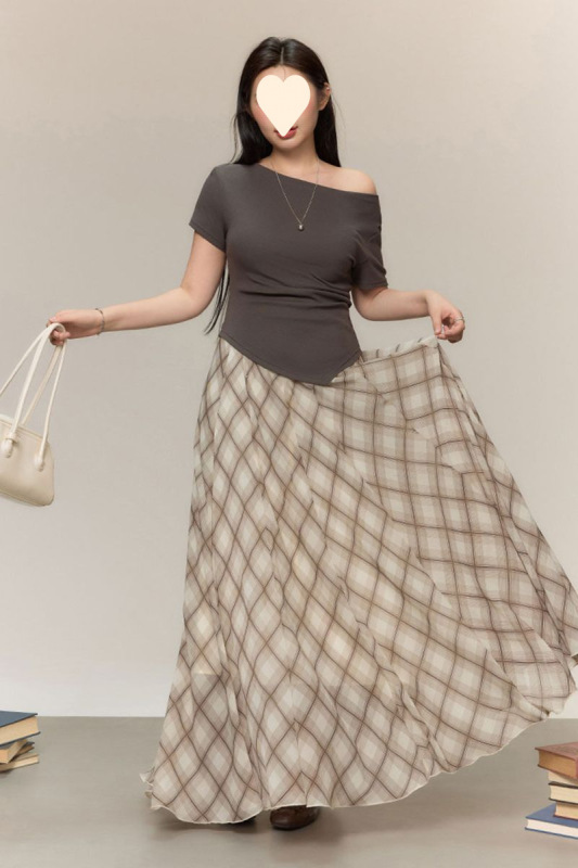 Julu Studio "Gentle Rose" Slightly Fat and Slim Plaid Mid-Length Straight Long Skirt Plus Size Skirt