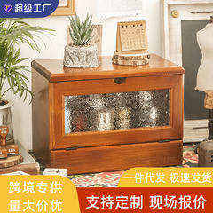 実木鏡付き化粧箱デスクトップ化粧品スキンケア収納箱化粧台大容量中古風棚