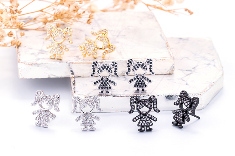 Geometric Pattern Unisex Gender Fashion Style Fashion Cartoon Inlaid Zircon Characters Boy Girl Copper Earrings Wholesale Nihaojewelry