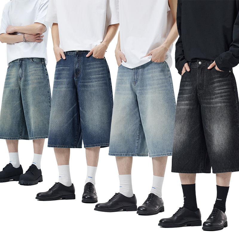 Lktm Men's Wear # Summer Korean Style Washed Wide-Leg Three-Quarter Jeans for Men and Women, Loose Slimming Silhouette Straight Shorts