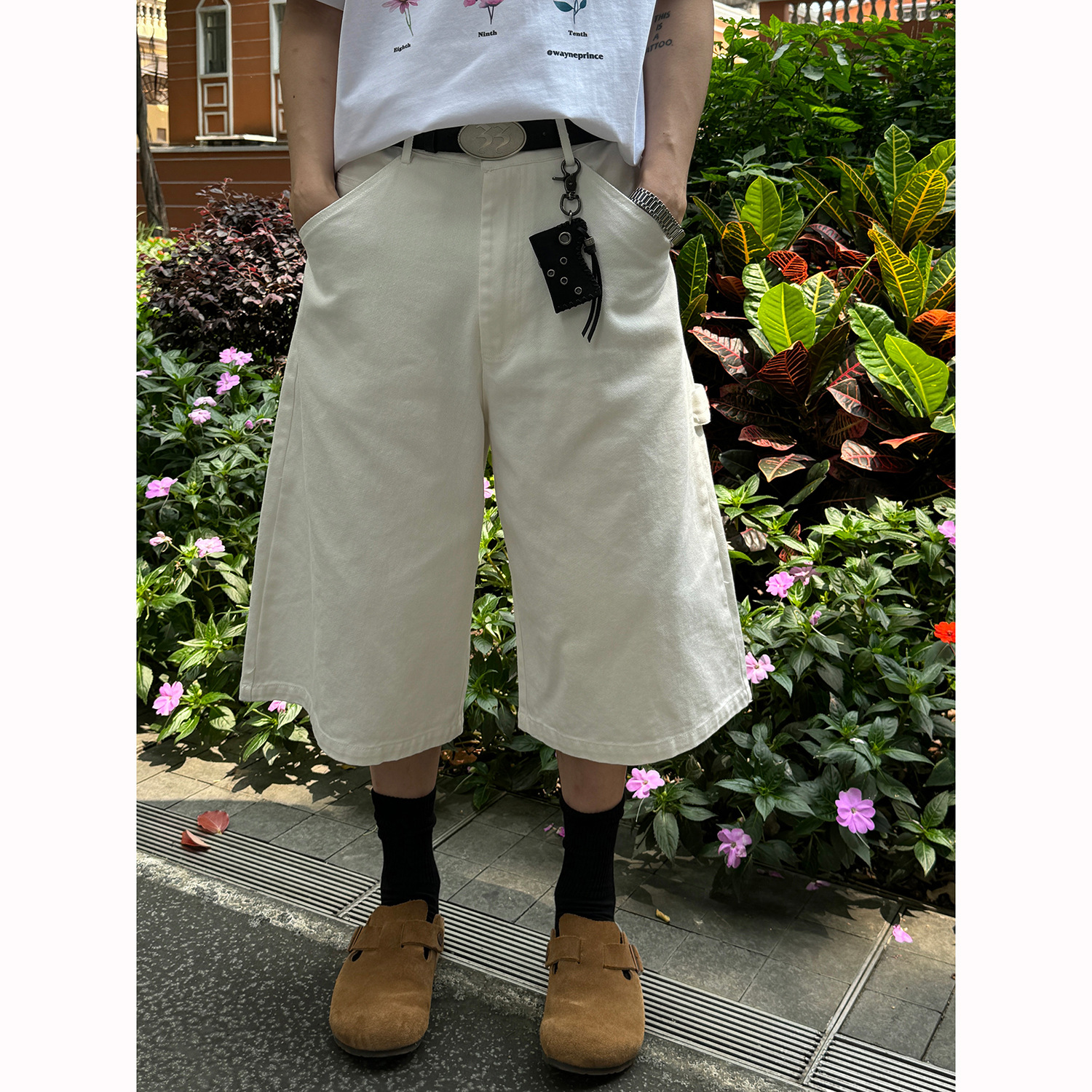 American Simple Clean Solid Color Cropped Pants Men's Summer Casual Loose Wide-Leg Drape White Denim Shorts Trendy