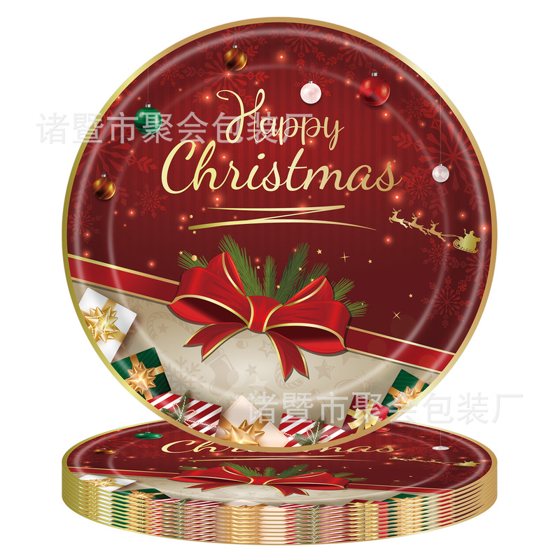 新款复古拼色圣诞节派对用品 装饰拉旗 一次性桌布圆盘纸巾刀叉勺|undefined